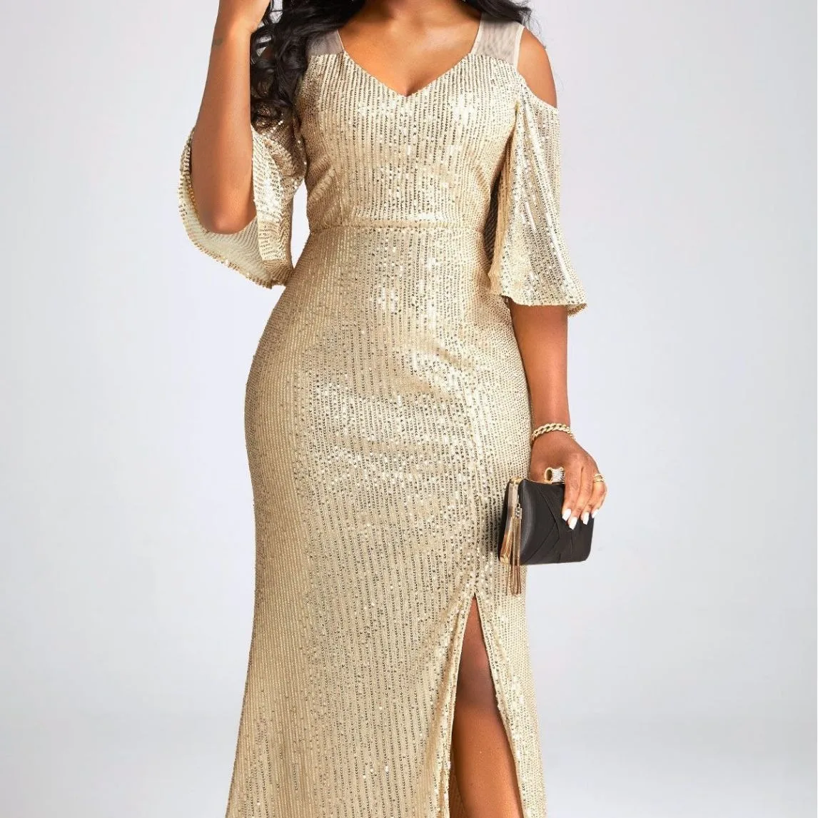 Spring and Autumn Temperament One-shoulder Trumpet Sleeve Gold Sequins Annual Meeting Split Evening Dress Dinner Formal Dress