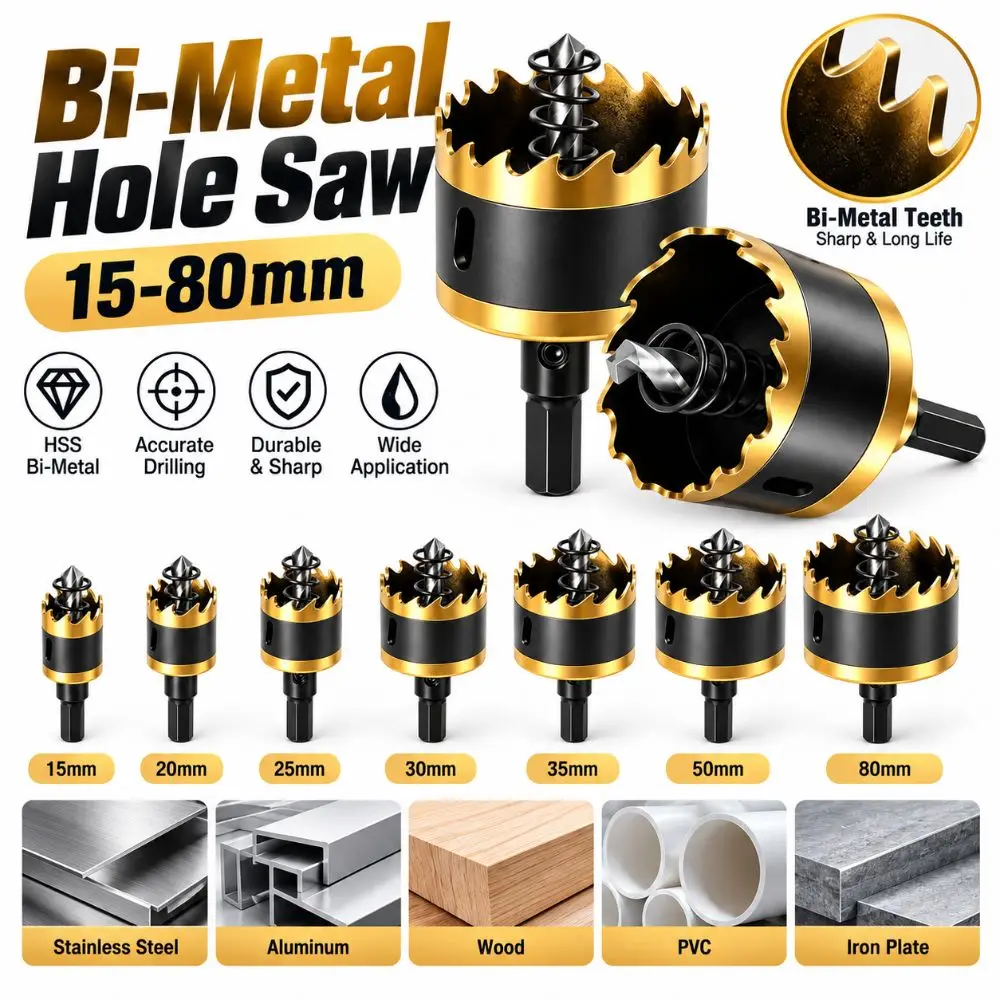 New Triangular Shank Bi-Metal Hole Saw 15-80mm with Pilot Drill Hole Saw Drill Bit Hole Saw Cutter Drill Presses