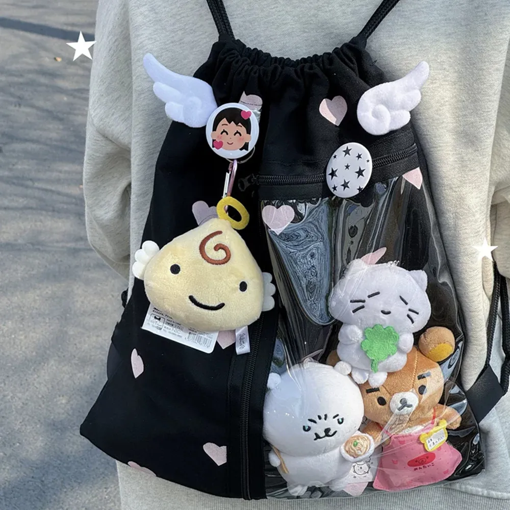 

2025 Original Y2K Star Backpack Large Capacity Drawstring Canvas Bag Korean Fashion Girl Student Bag Transparent Doll Oulder Bag
