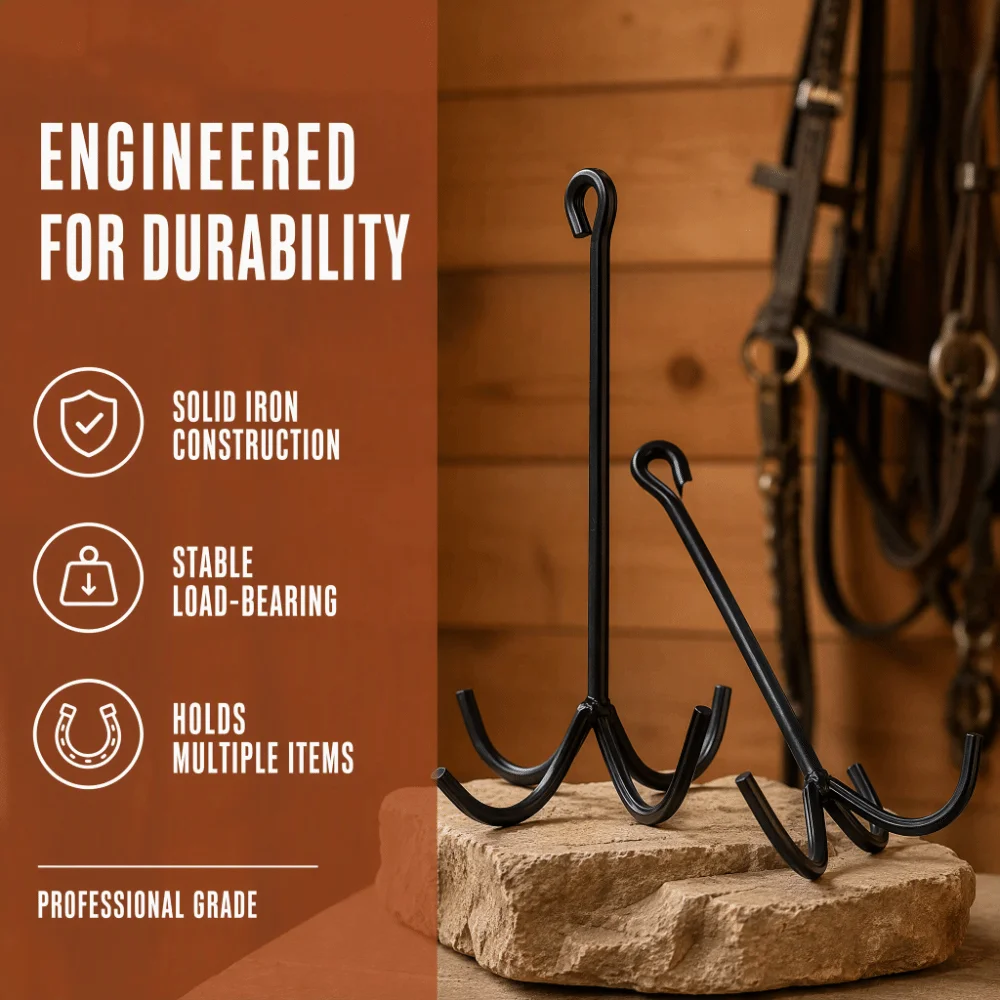 2pcs Sturdy Iron 4 Prong Tack Hooks Black Wall Mounted Bridle Hooks Easy Installation Durable Halter Hooks Equestrian Gear