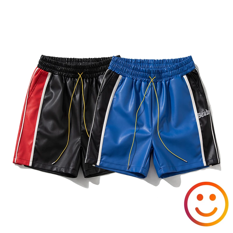 

Embroidered Letter Drawstring Beach Shorts Men Women Color Matching Straps Eco-friendly Leather PU Quarter Shortpant