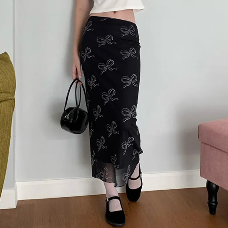 

y2k Floral Print Midi Skirts Women High Waisted Velvet Long Skirts Vintage Punk Gothic Grunge Slim Split Bottom Korean