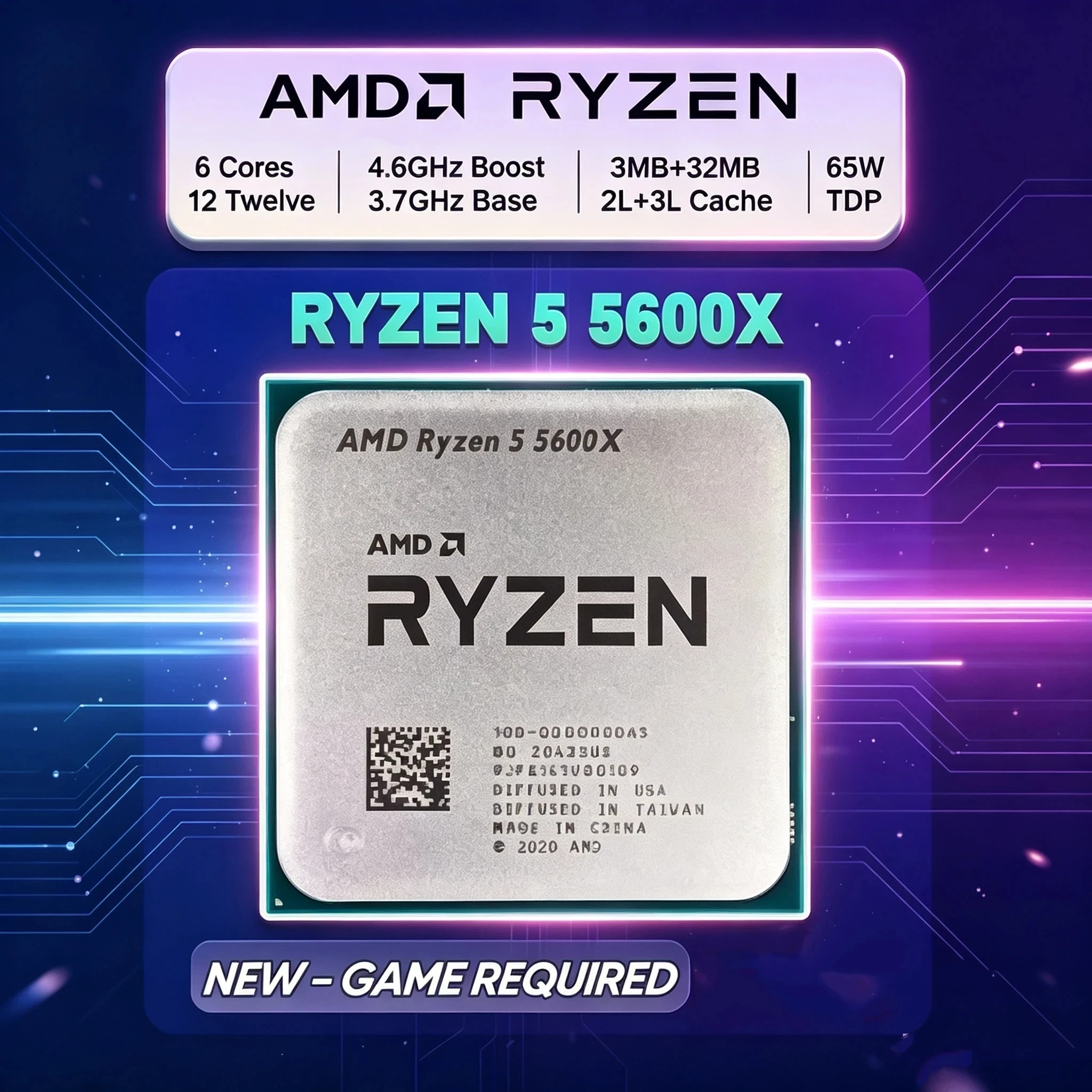 AMD Ryzen 5 5600X for 1080P Gaming High FPS 6 Core 12 Thread Up to 4.6GHz Socket AM4 DDR4 PCIe 4.0 Zen 3 No Cooler Included