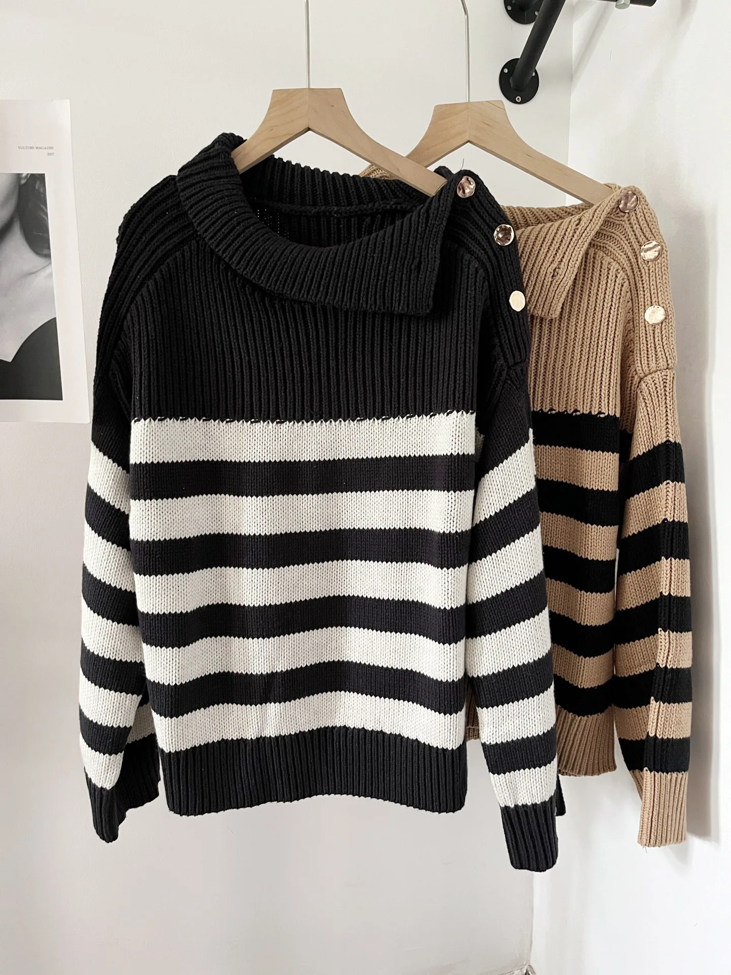 Women's single shoulder buckle striped knitted sweater autumn and winter new 16a