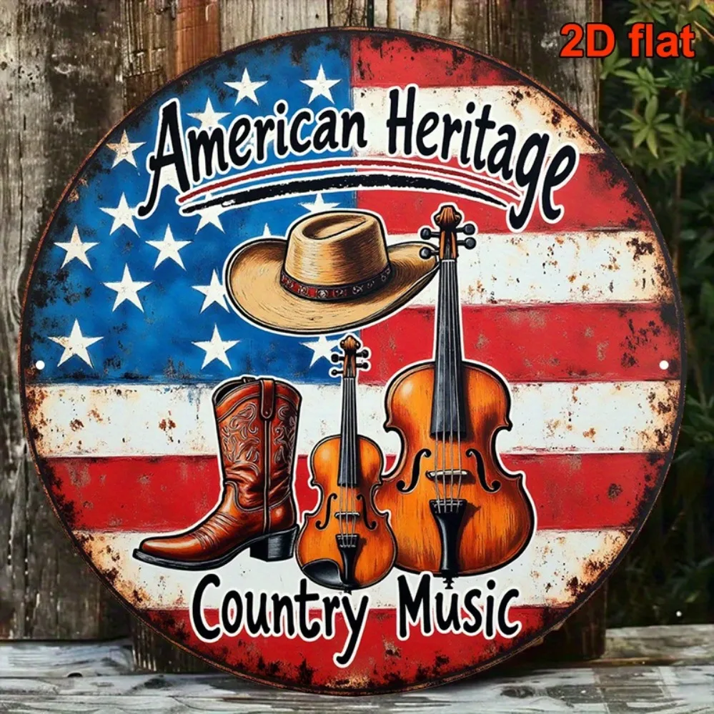 Retro Country Music Aluminum Sign 8x8 Inch Round with Violin Cowboy Boots for Wall Art Decor Bar Restaurant