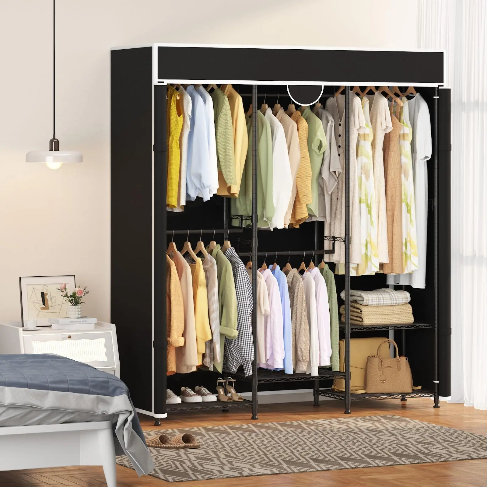 Metal Closet Wardrobe Rack with Cover 1100LBS Clothes Organizer | Heavy Duty Frame, Adjustable Shelves, Dustproof Cover, Hanging Rods