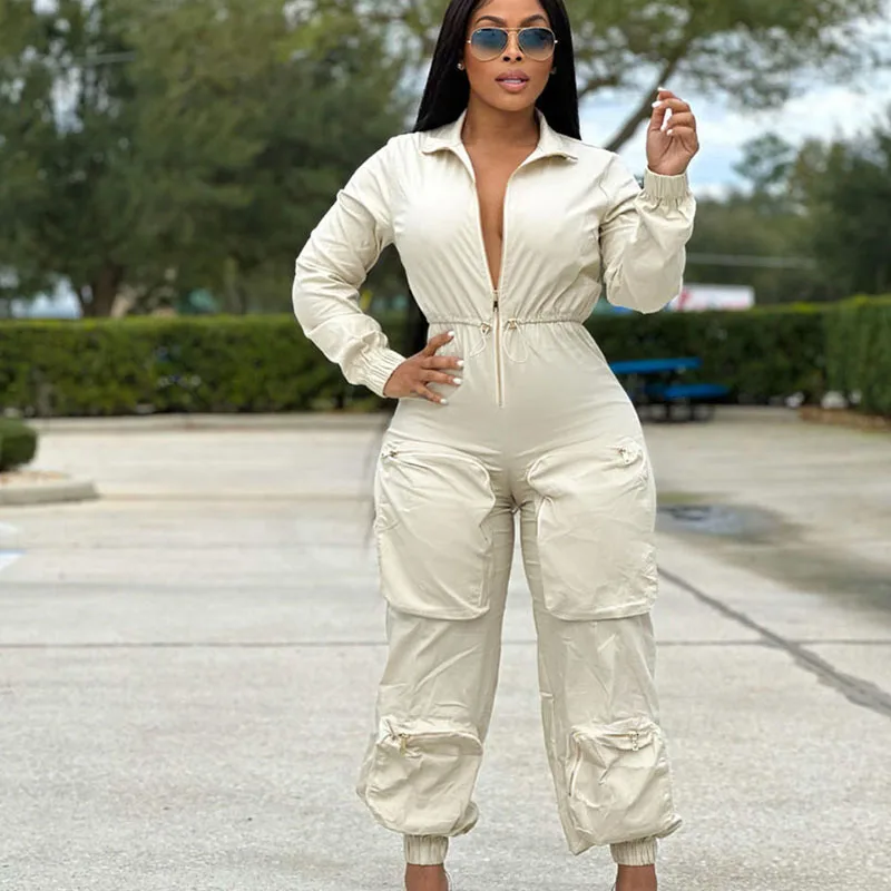 

Streetwear Zip Casual Jumpsuit Women Long Sleeve Turn-down Collar High Waist Drawstring Ruched Rompers One Pieces Overalls Club