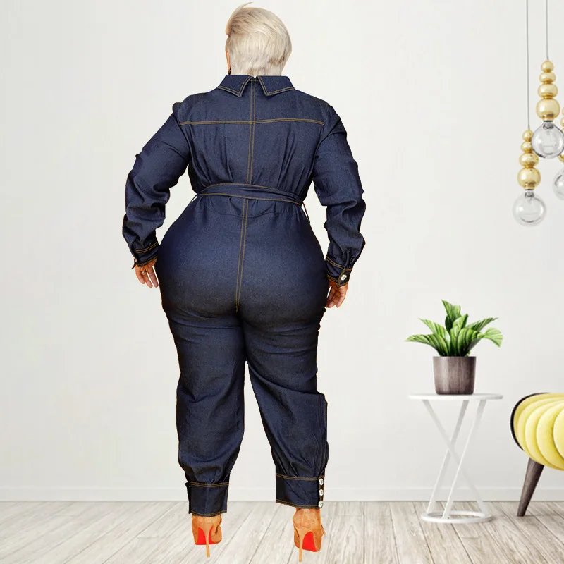 Ropa Para Mujer Plus Size Women's Denim Jumpsuit Belted Button-Up Long Sleeve Romper