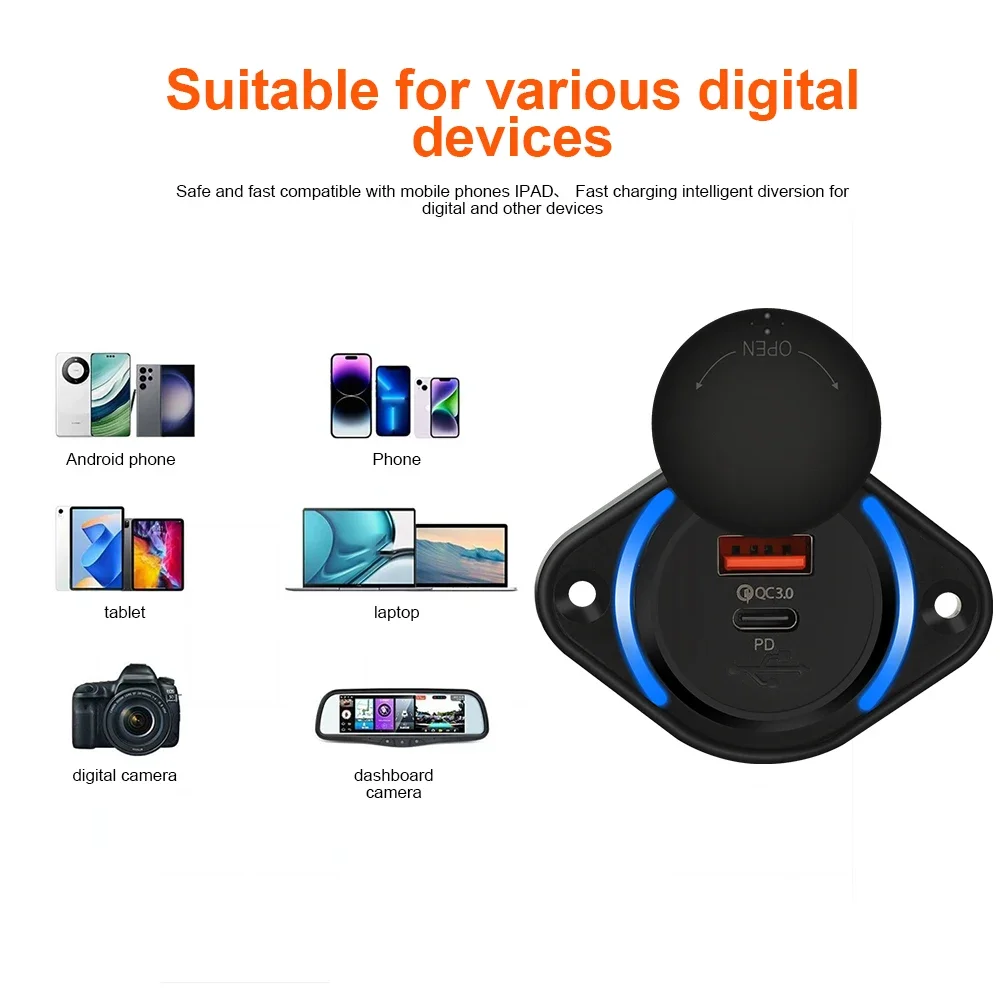 PD QC 3.0 مقبس شاحن سريع للسيارة 12 فولت/24 فولت مقاوم للماء مع USB منزلق Type-C 48 واط محول شحن سريع مخرج طاقة لقارب الحافلة