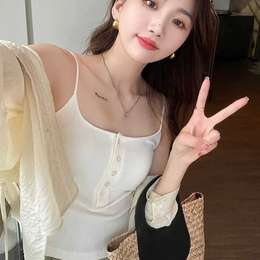 

Korean Sleeveless Skinny Vest Tops Suspenders Undershirt Slim Crop Top Bottoming Shirts Solid Color Bra with Pads Camisole Club