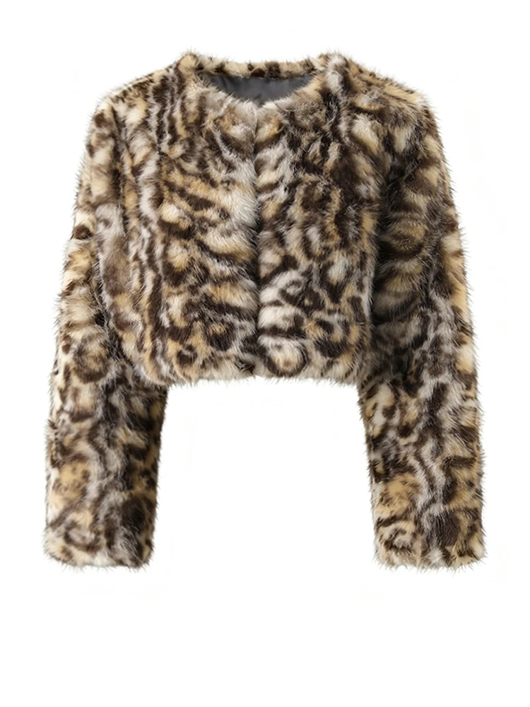 [EAM] Pattern Short Elegant Faux Fur Jacket New Round Neck Long Sleeve Women Coat Fashion Tide Autumn Winter 2026 CPG6814