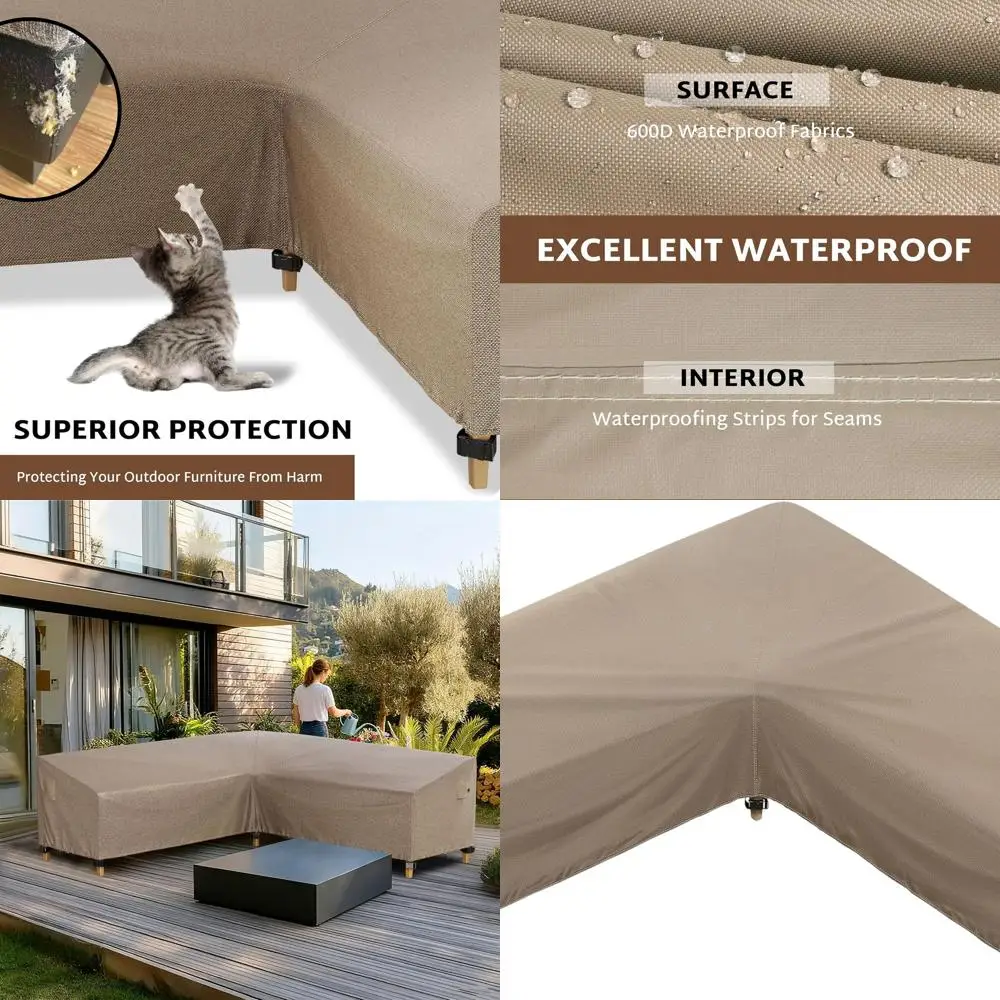 

L-образный чехол для дивана для патио, 90x90, водонепроницаемый, устойчивый к атмосферным воздействиям, сверхпрочный 600D для уличного L-образного дивана, коричневый