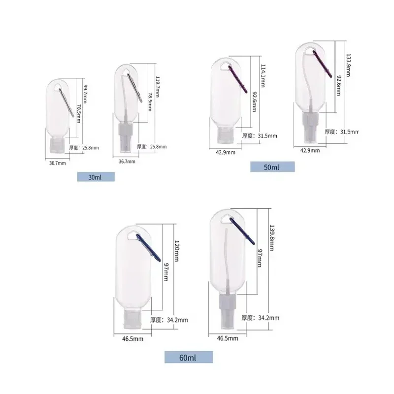 100 Stück 30–60 ml tragbare leere durchsichtige Plastikflaschen mit Schlüsselanhänger und Spray/Flip-Cap, nachfüllbare Mini-Reiseprobenbehälter