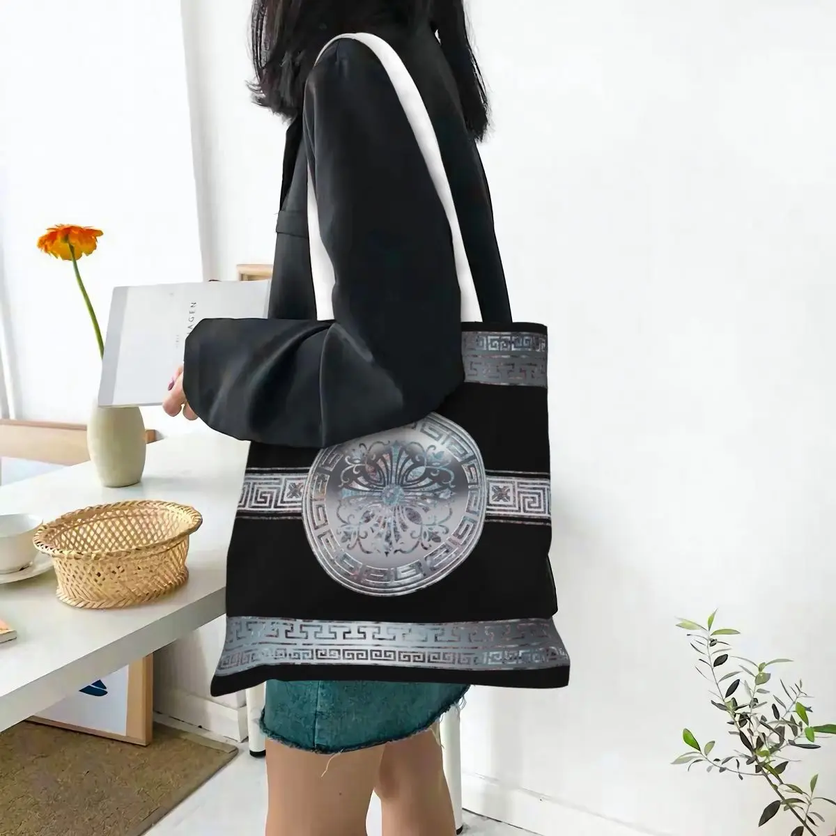 Marble Silver Cross Greek Key Yiorgos Collection Tote Bags Women Handbag Foldable Student Shoulder Bag Printed Grocery Bag