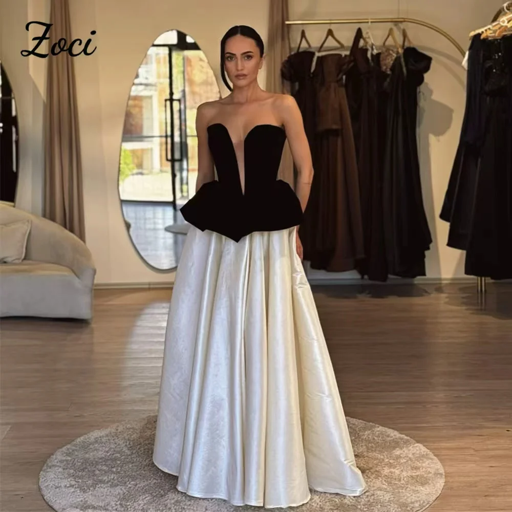 

Zoci Velour Black Ivory Satin Formal Prom Dresses Saudi Illusion V Neck Corset Special Occasion Party Evening Dress Customized