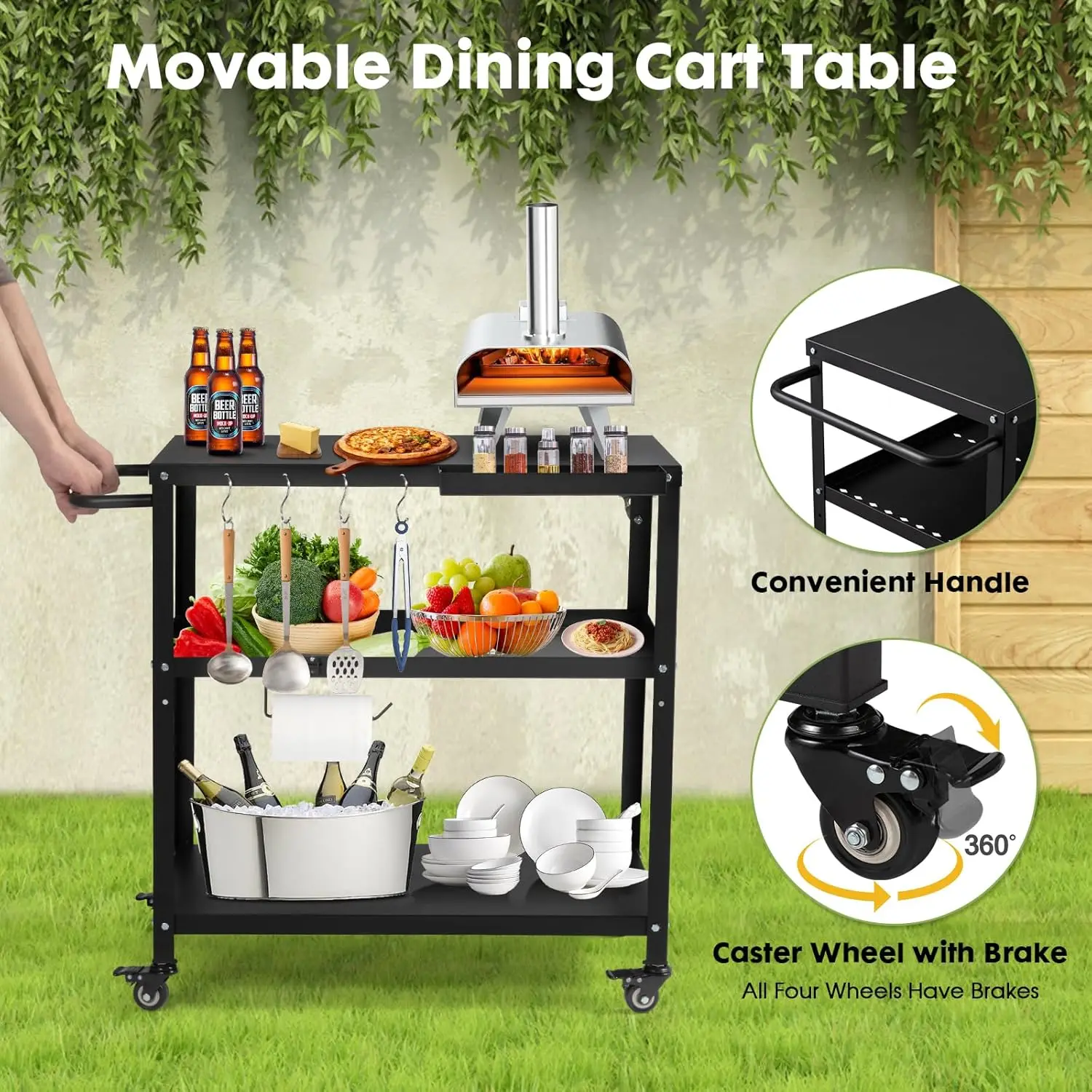 Outdoor Grill Cart Table,Indoor And Outdoor Pizza Oven Table,With 4 Movable Total Lock Casters, Hooks, Side Handle