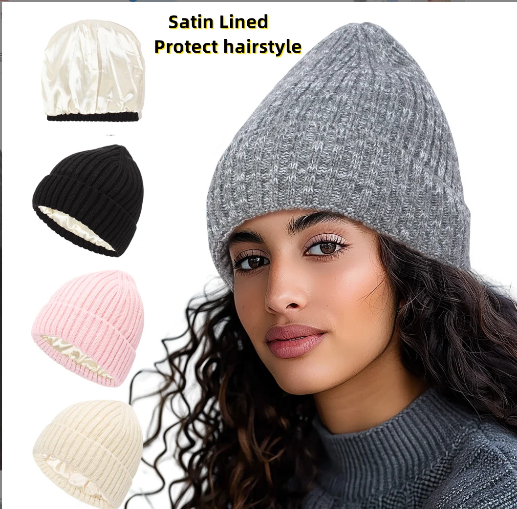 Satin Lined Beanies Hat For Women Men Boy Girl Autumn Winter 2024 Knitted Caps For Men Unisex Silk Lining Skullies Bonnet Hats