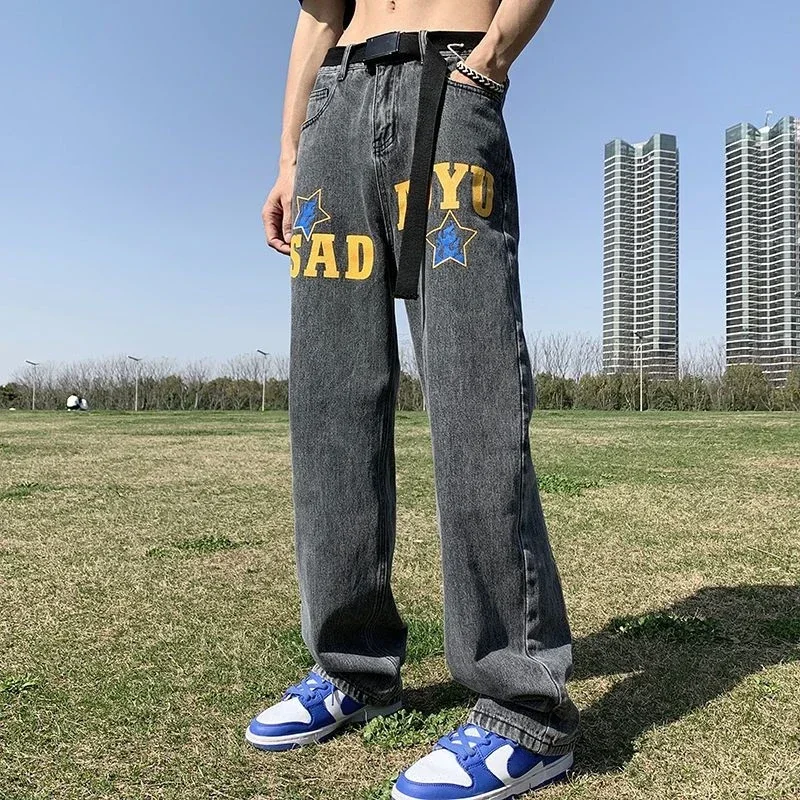 Men's Jeans Hip Hop Man Cowboy Pants Star Straight Graphic Trousers Korean Style 2024 Autumn Fashion Stylish Japanese Street Xs