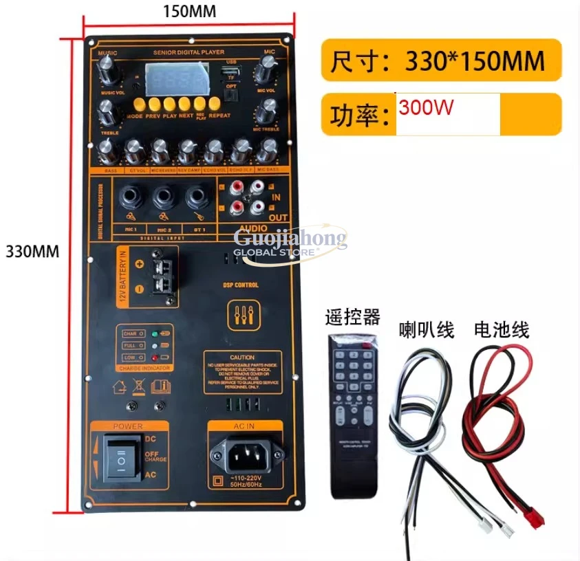 DSP12V battery high power 300W square dance bluetooth power amplifier board portable tie rod mobile speaker