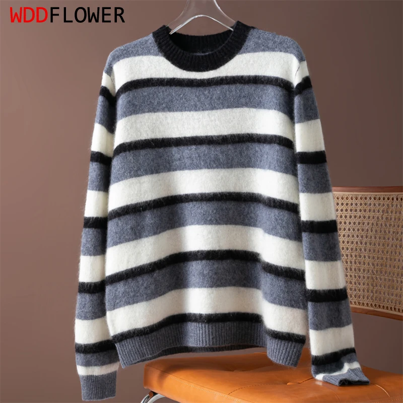 

Women Sweater 95% Wool 5% Cashmere White Black Stripes Loose Type Round Neck Long Sleeve Pullover Top Warm Autumn Winter M1473