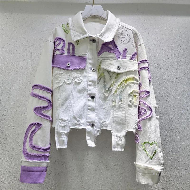 2025 Spring New White Denim Coat Women's Fashion Slim Fit Hand Embroidered Versatile Denim Short Top Women's Fashion Jacket