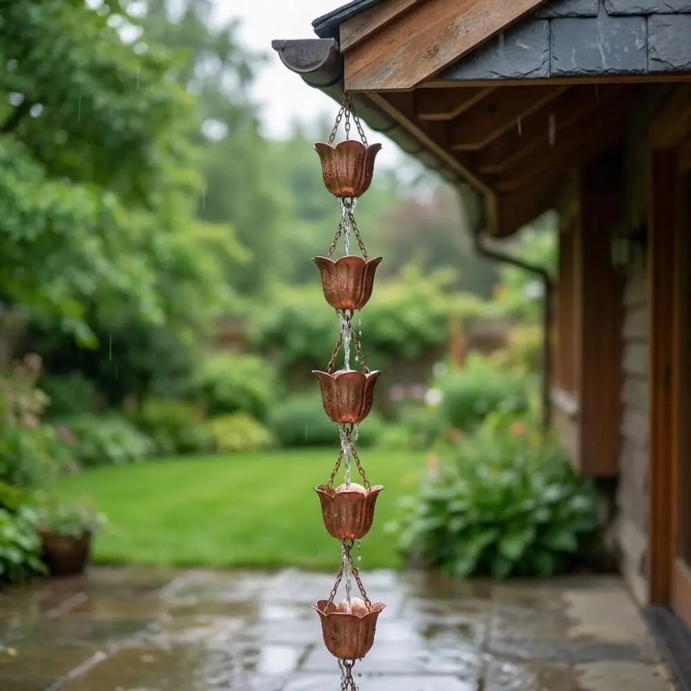 Japanese Style Metal Tulip Rain Chain 7 Cups Hanging Rain Chain for Gutters Flower-shaped Iron Art Rain Catcher Garden Landscape
