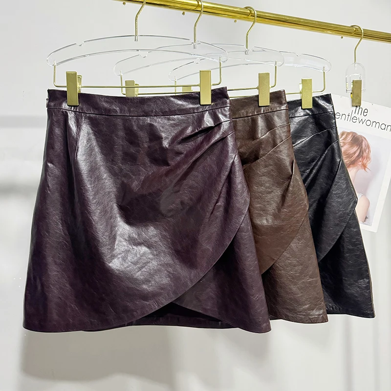 Women’s Leather Skirt Spring Autumn Sheepskin Fashion Asymmetrical A-Line High Waist Slim Wrinkled Wrap Hip Short Jupe Femme