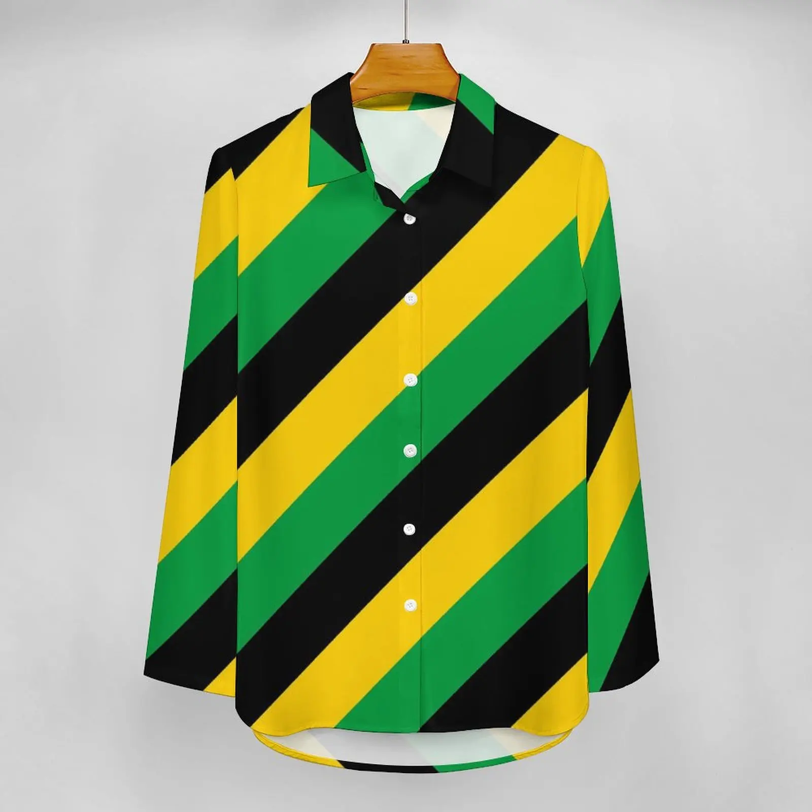 Jamaica Flag Colors Casual Blouse Long-Sleeve Diagonal Striped Office Work Blouses Woman Street Fashion Oversized Shirt Top