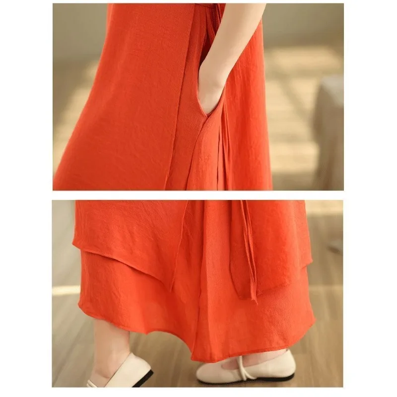 Vestido longo feminino retrô de linho e algodão, gola dupla camada, manga curta, estilo chinês, linha a, vestidos brancos de verão