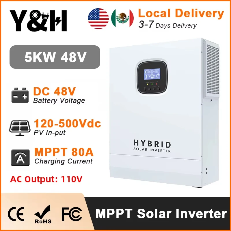 Y&H 5KW Hybrid Solar Inverter 48V 110V Off-grid Inverter with MPPT 80A Charge Controller Pure Sine Wave Inverter PV Max 500V