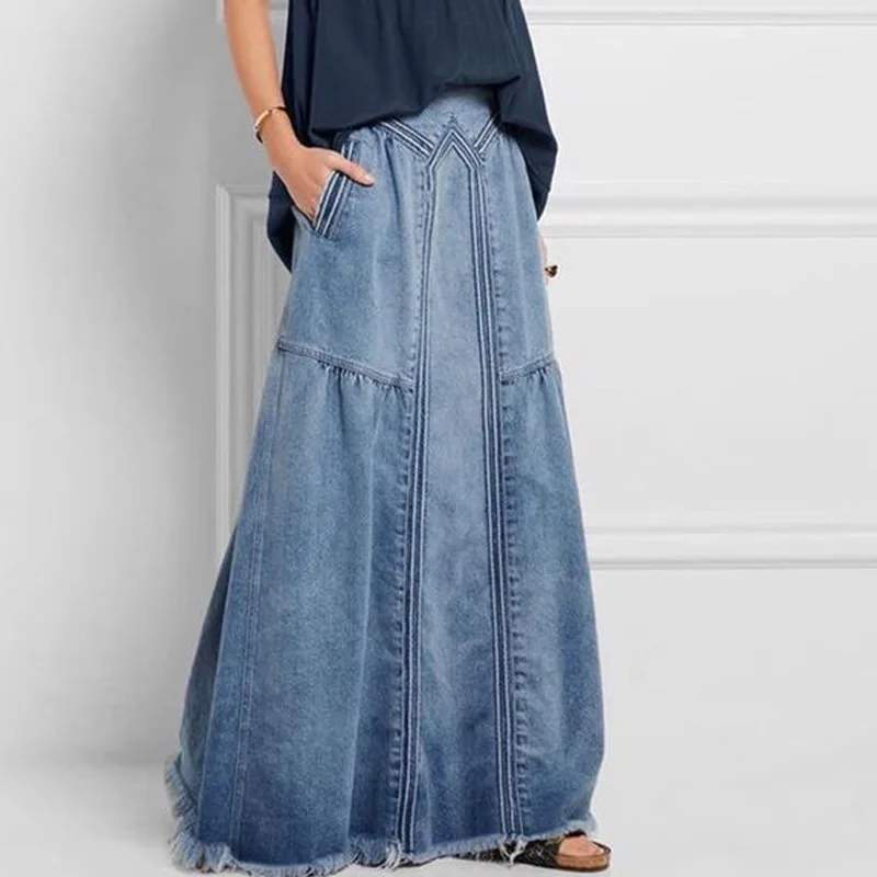 

High Waist A-Line Denim Skirt with Stripes Frayed Hem Versatile Long Skirt for Women Spring Summer Autumn Faion