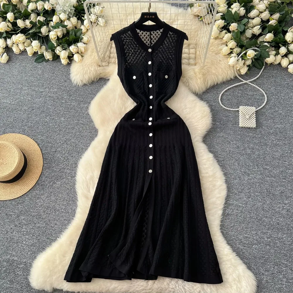 Elegant V-neck Vintage Sleeveless Single Breasted Chic Hollow Out Hook Flower Knit Slim Long Dress Vacation High Street Clothing