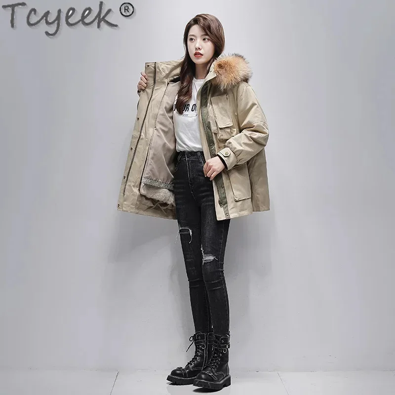 

Winter Tcyeek New Rex Rabbit Liner Coat Loose Mid-long Womens Parka Fashion Jacket for Women Clothing Raccoon Fur Collar