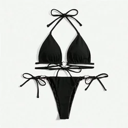 Sexy Swimsuit Women Black Halter String Triangle Micro Bikini Thong Heart Ring Ribbed Swimwear Bathing Suit Bikinis Sets 2025