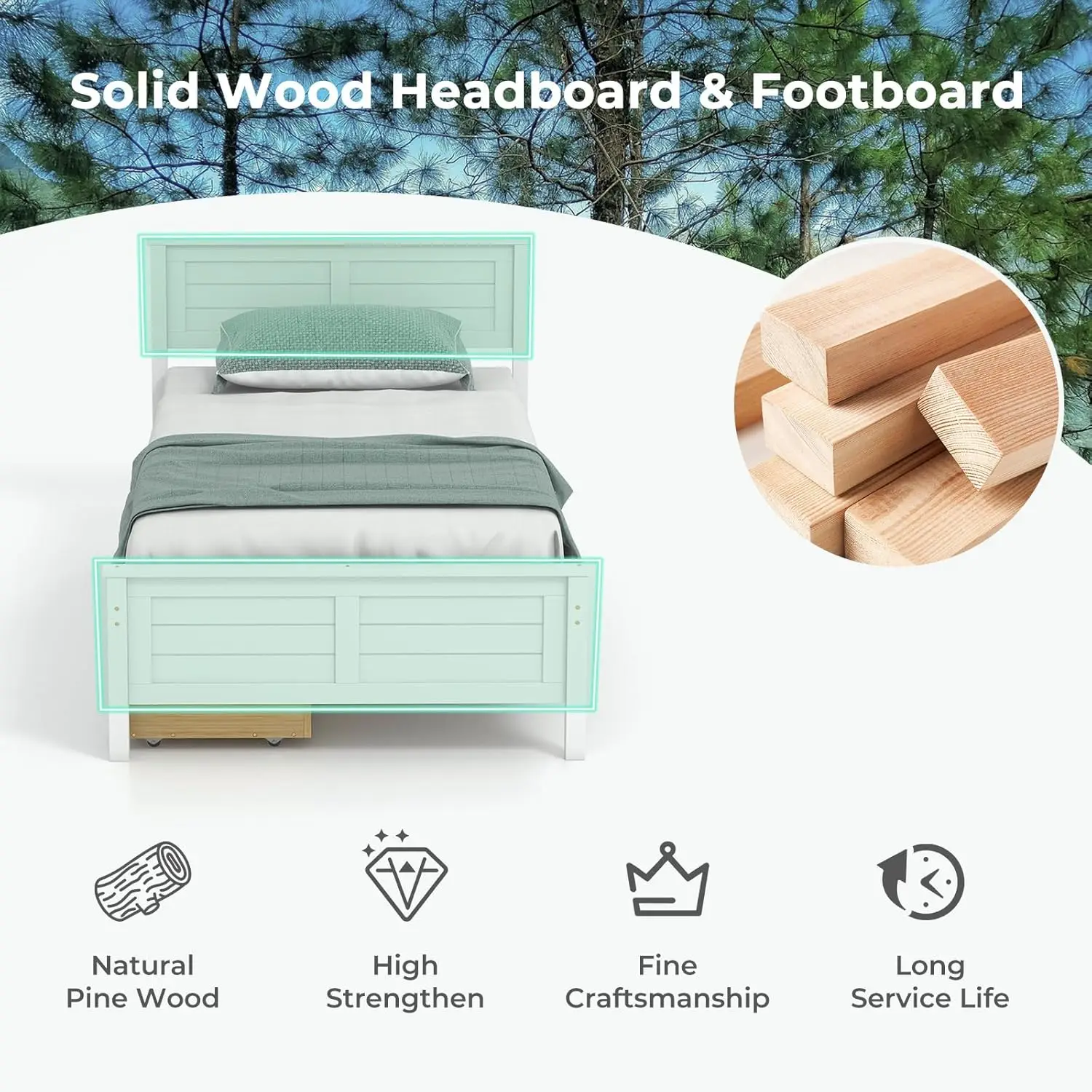 سرير خشبي مزدوج أبيض مع درجين، إطار منصة صلبة، لا حاجة إلى زنبرك