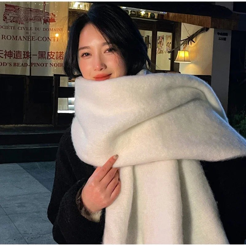 New Solid Color Mohair Scarf Winter Thickened Warm Scarf for Women Fluffy and Soft Shawl Simple Large Shawl Scarf Accessories