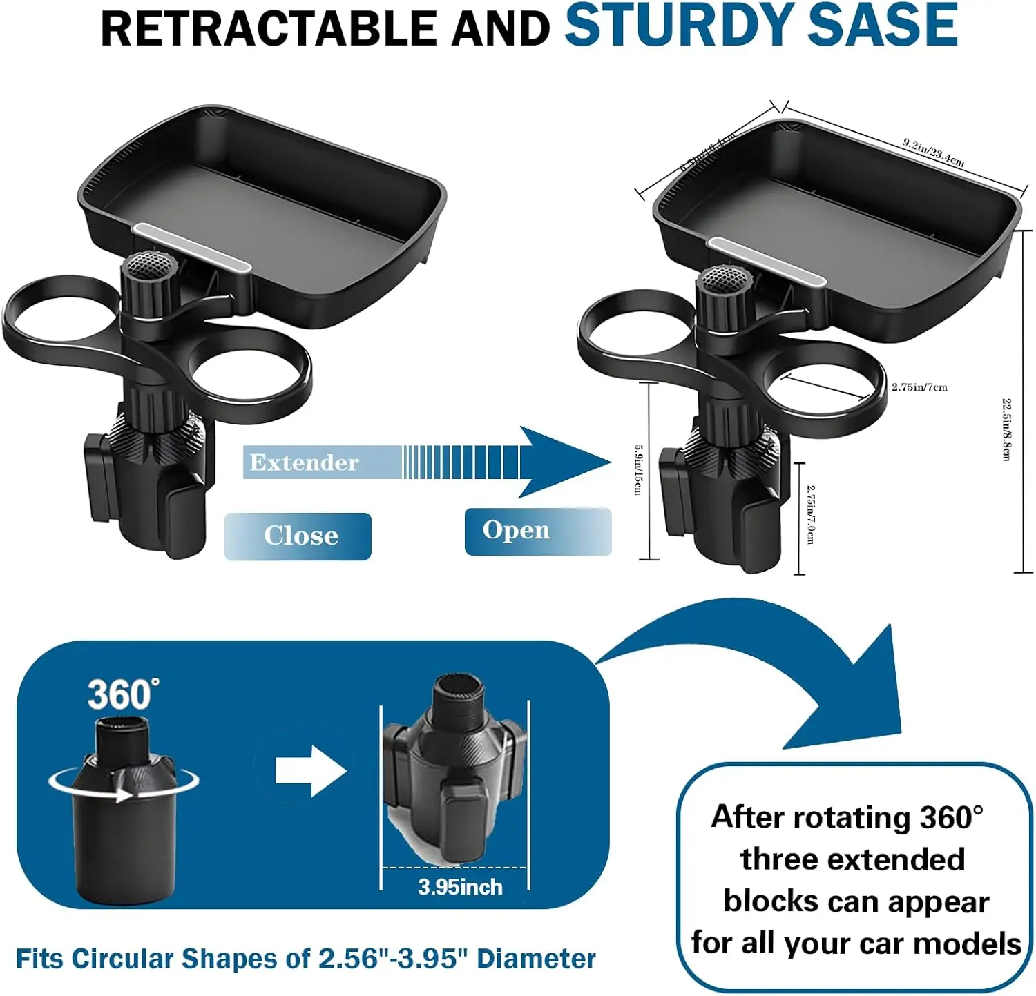 Dual Cup Holder Expander Adjustable for 360°Rotating Multifunctional Car Seat Cup Holder Snack Tray Drink Holder