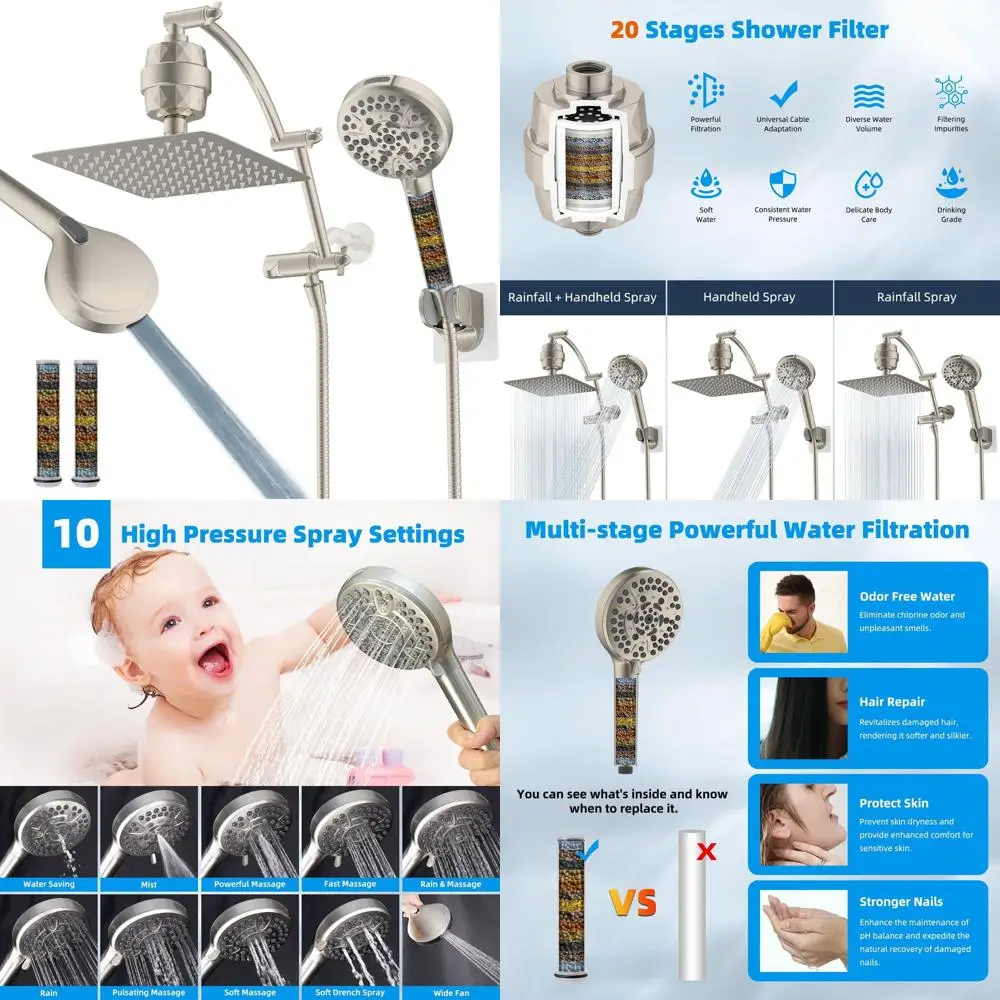 

10 Dual Filtered Rain Shower Combo with 16 Extendable Arm, 20-Spray Handheld, 71 Hose in Brushed Nickel