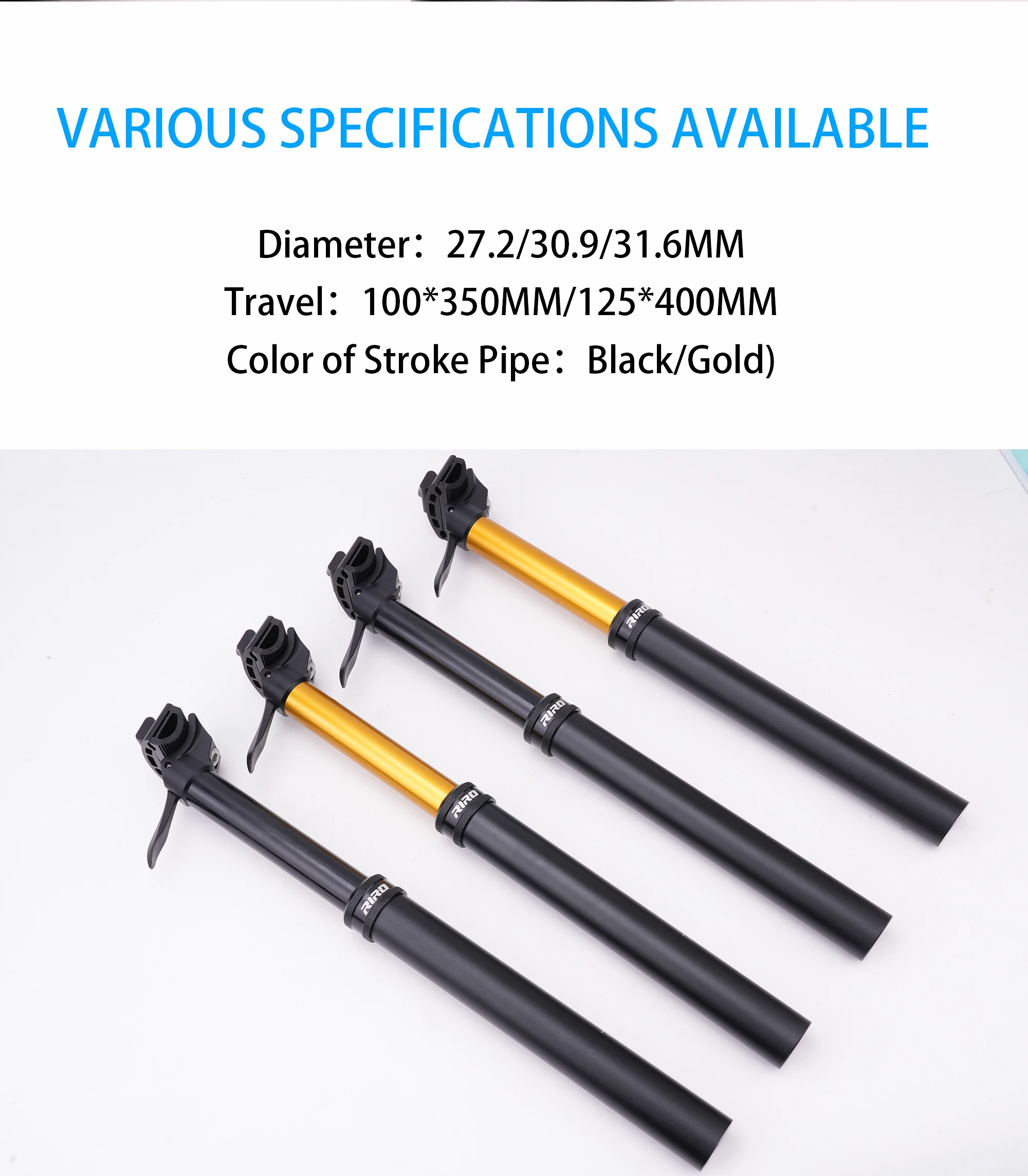 RIRO MTB Dropper-Sattelstütze, hydraulisch, handgesteuert, teleskopierbar, Sattelrohr, Gold/Schwarz, 27,2/30,9/31,6 mm Durchmesser, 100/125 mm Verstellweg – Detail 11