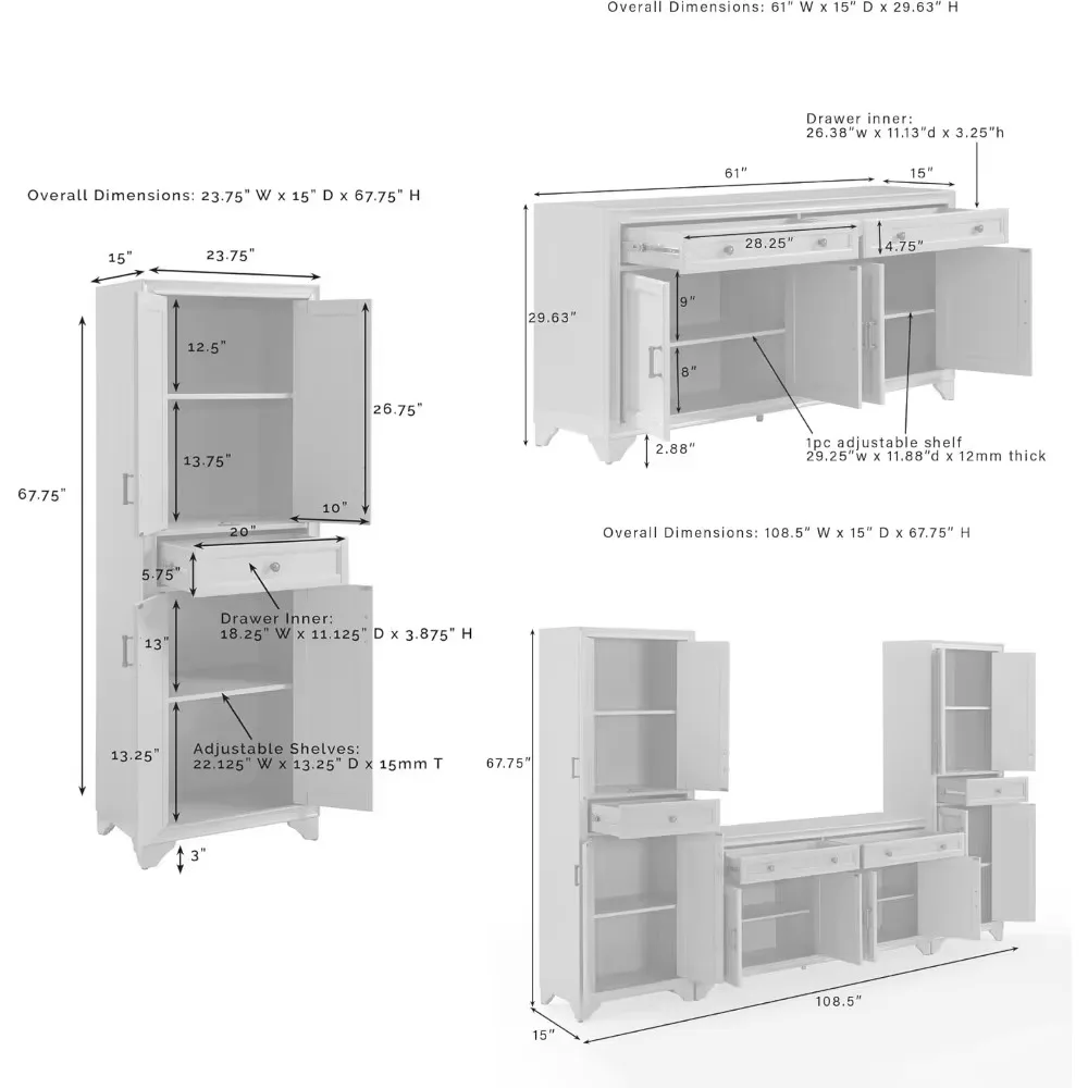 Ensemble de buffet et buffet, design de ferme moderne, décor traditionnel abaissé, 15 po, D x 108.5 po, l x 67.75 po, h, 3 pièces