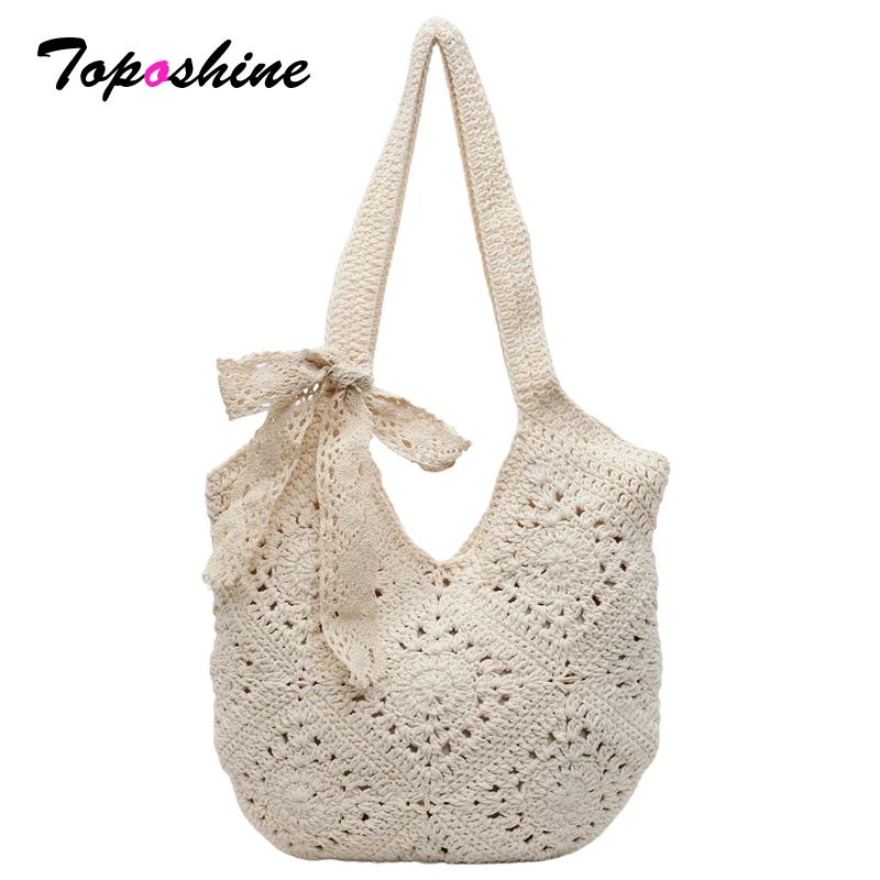 

Toposhine Women's Crochet Tote Bag with Bow Decor Hollow Out Knitted Shoulder Bag Large Capacity Casual Beach Handbag for Summer