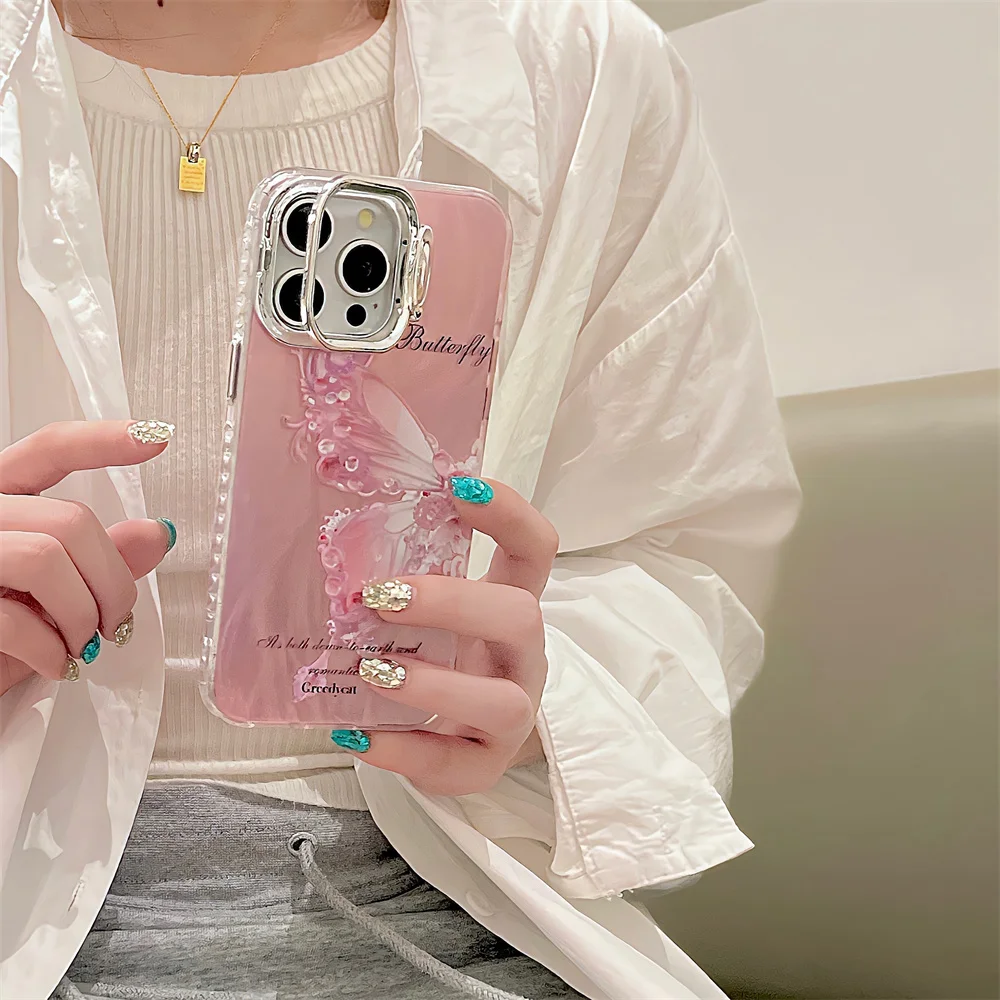 Cute Cartoon Butterfly Holder Case for iPhone 15 14 13 Pro Max 11 12 15Pro Camera Bracket Stand Shockproof Plating Ins Cover