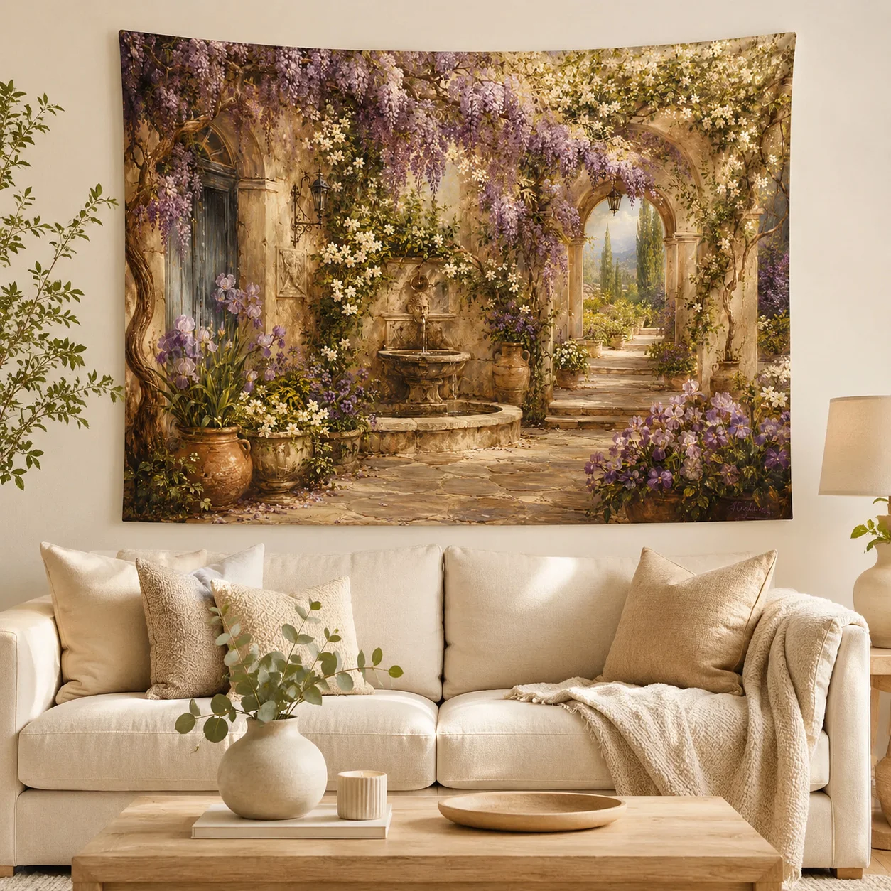 

Vintage Wisteria Garden Wall Tapestry Floral Courtyard Fountain Oil Painting Hanging for Bedroom Living Room Gift