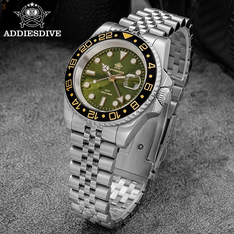 

ADDIESDIVE NEW GMT Quartz Watch For Men Luxury Swiss Ronda 515-24H Movement 316L Stainless Steel 200m Waterproof Wristwatch