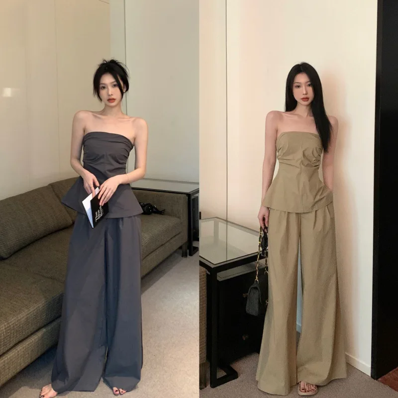 

Spicy Girl Pleated Waistband Strapless Vest Women's Summer Short Top Loose High Waist Slimming Wide Leg Pants Two-piece Set