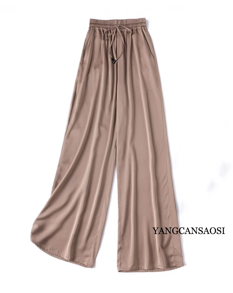 Vertical Naked Feeling 93% Natural Mulberry Silk Elastic Double Qiao Satin Elastic Waist Women's Fashionable Wide Leg Pants