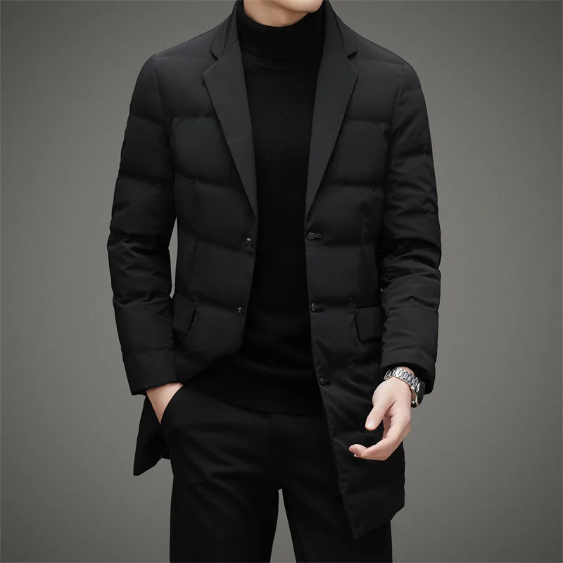 2024 high-quality stylish and handsome suit down jacket men\'s mid-length business casual suit collar new scarf collar winter coa