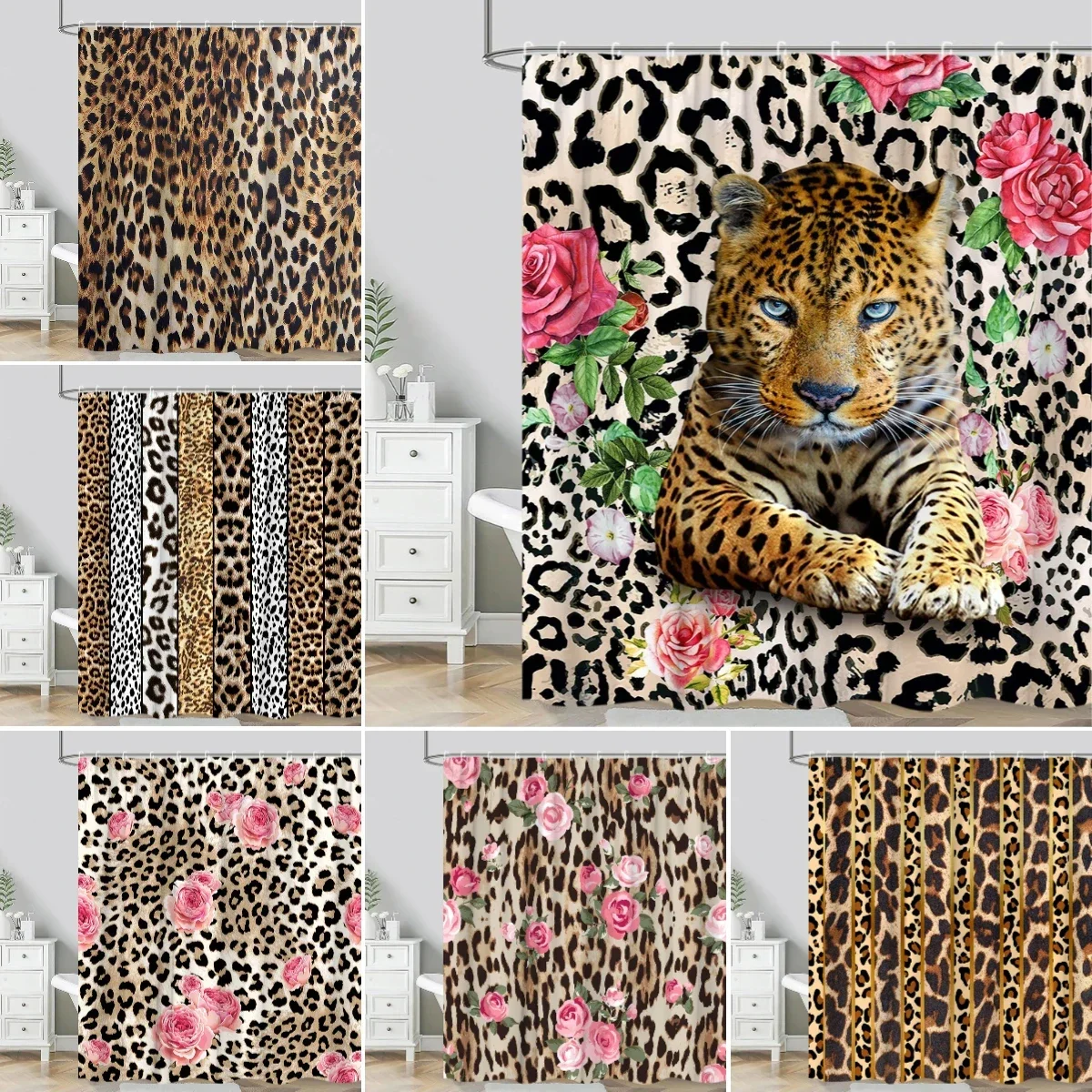 Leopard Textured Shower Curtain, Vintage Striped Brown Floral Creative Geometric Modern Plants Polyester Bathroom Decor Curtai