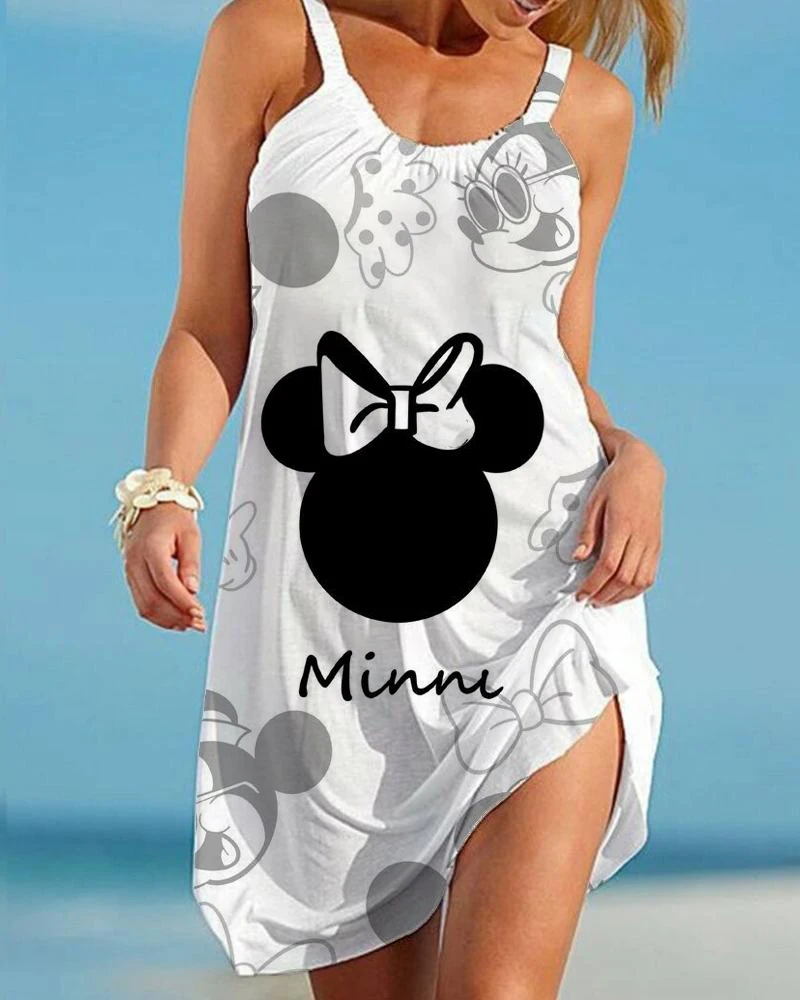 

New Spaghetti Straps Loose Comfort Beach Dress Disney Sexy Dress Women Sleeveless Mickey and Minnie Print Hem Mini Dress