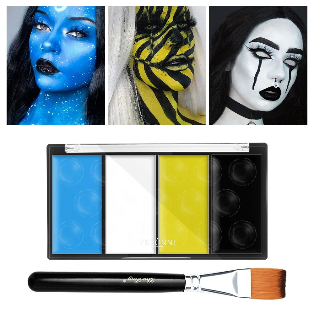 Blue White Yellow Black 4 Colors Face Body Paint Palette With Makeup Brush Halloween Cosplay Stage Party Theatrical Body Art